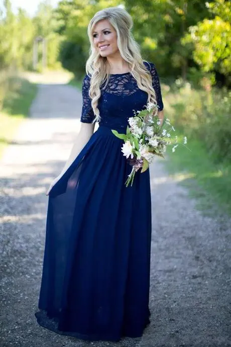 2018 land bruidsmeisje jurken warm voor bruiloften marineblauw chiffon korte mouwen illusie kant kralen vloer lengte meid eerroven