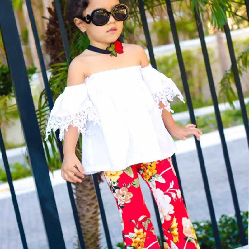Kinderkleidung für Mädchen 2018 Mode Baby Mädchen Kleidung weiße Spitze schulterfrei Tops Blumendruck Schlaghosen lange Hosen Outfits Kinder