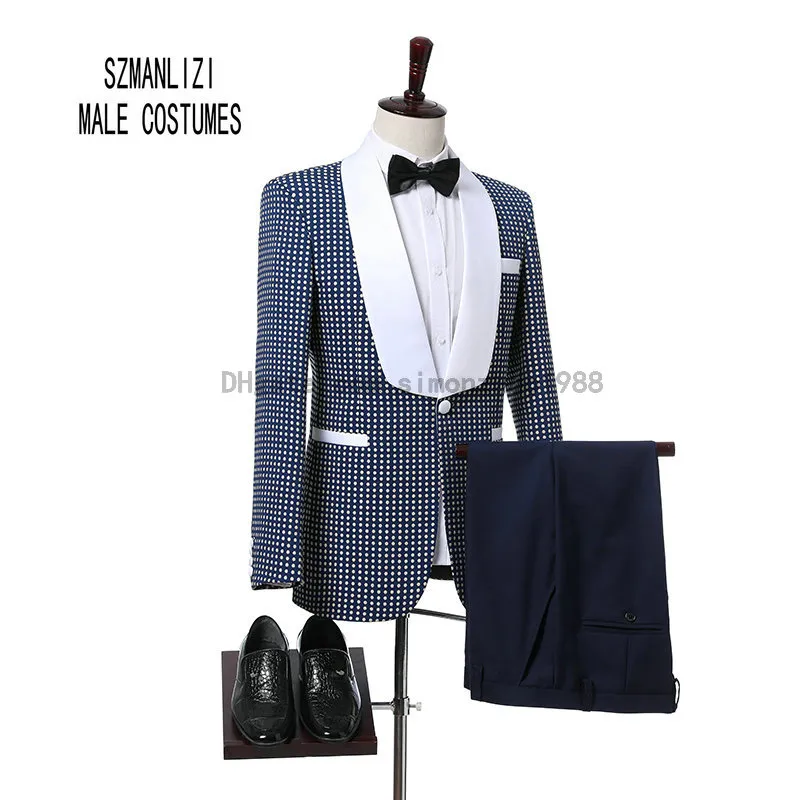 Custom Made 2018 Design Classique Slim Fit Bleu Blanc Points Châle Revers Hommes Dîner De Bal Costumes Marié Tuxedos Garçons D'honneur Costumes De Mariage