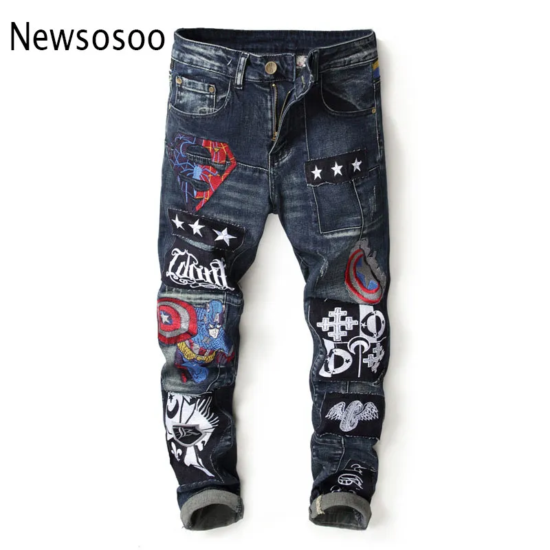 European American Style  mens jeans  Men straight denim trousers Slim blue Patchwork zipper jeans for men