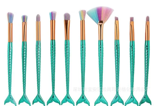 Eye Makeup Brushes Set Mermaid Handle Design Blush Powder Eyebrow Eye shadow Eyeliner Eyesocket Blending Nose Fan 