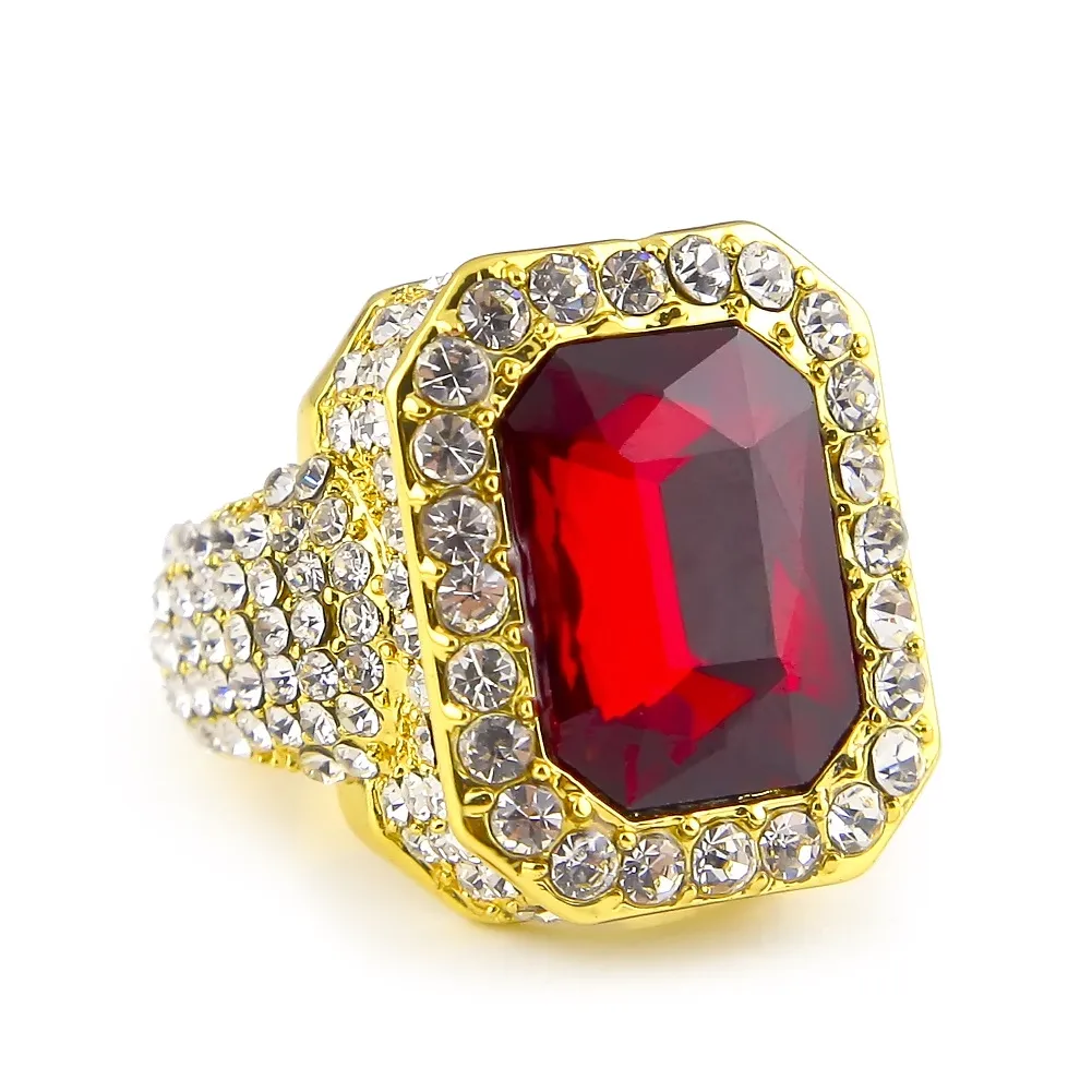 Męskie Hip-Hop Full Diamond Pierścionki Micro Pave Crystal Big Red Black Green Blue Stone Square Gold Silver Color Ring