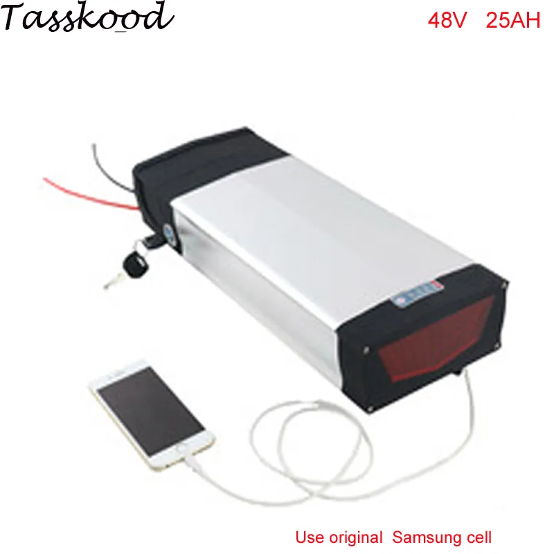 Brak podatków 1000W Bateria z tyłu nośnik z tyłu Użyj baterii Samsung Cell 48V 25AH Ebike Li-Ion z Slim Aluminium Case + Port USB