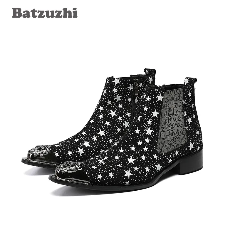 Zachodnia Rock Męskie Buty Spiczaste Metalowe Toe Black Stars Skórzane Buty Kostki Mężczyźni Botas Hombre Bezpieczeństwa Wojskowe buty, Duży Rozmiar US6-Us12