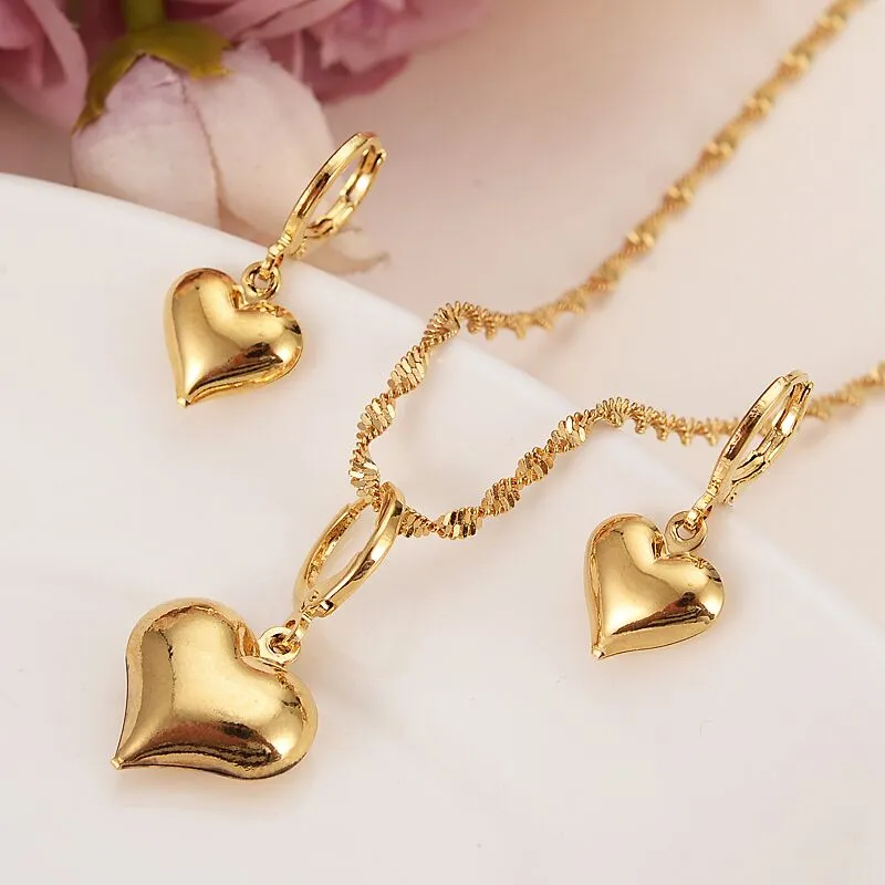 Collares con colgante de corazón encantador relleno de oro fino amarillo de 14 quilates, pendientes, conjuntos de joyas de fiesta para mujeres y niñas, regalos, abalorios diy