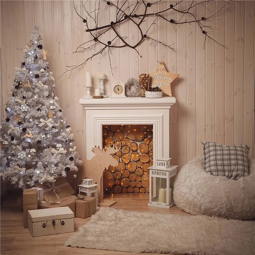 Intérieur Cheminée Photo Fond Imprimé Blanc Arbre De Noël Bois Mur Brindille Étoile Présente Bébé Enfants Photographie Décors