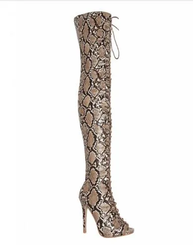 Prawdziwe zdjęcia Kobiety Sexy Siate Toe Leopard PU Skóra Nad Kolanem Gladiator Buty Lace-UP Long High Heel Boots Sexy Buty