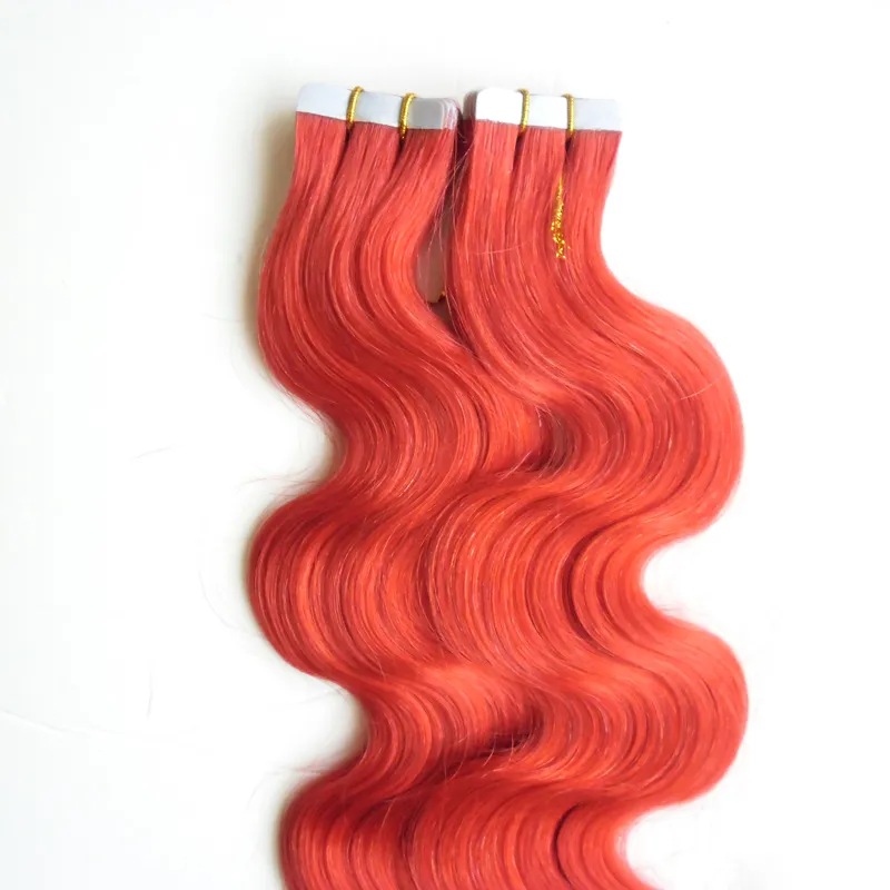 Red Tape Hair Extensions 12 "14" 16 "18" 20 "22" 24 "26" PU Skin inslag 100g 40pcs / set Body Wave Tape in menselijke hair extensions Dubbel getekend