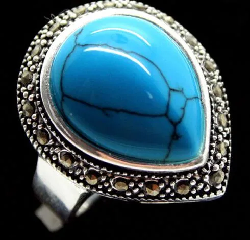 RARE ÉNORME GOUTTE BLEU TURQUOISE MARCASITE 925 BAGUE EN ARGENT STERLING TAILLE 7/8/9/