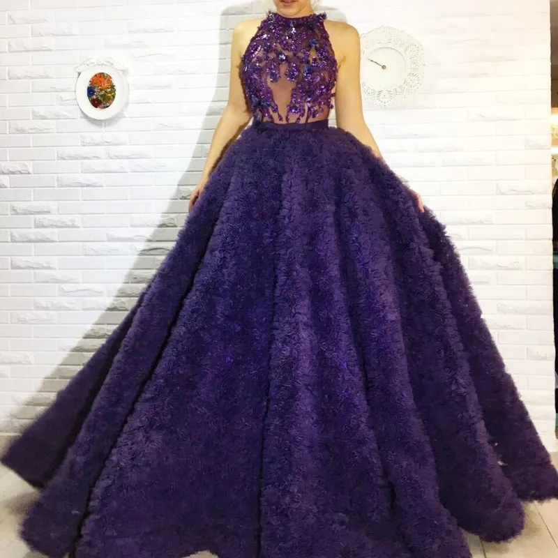 Gorgeous Dark Purple Prom Dresses Crytal Beads Lace Applique Jewel Neck Sleeveless Prom Party Dress Sexy Ruffles Tulle Evening Dresses