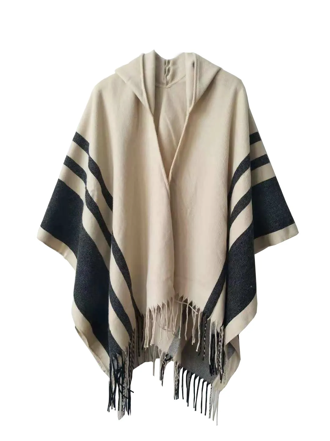 Dames Tassel Sjaals 2 Kleuren Mode Strepen Beige Grijze Sjaals Hooded Sjaals Poncho Wraps voor Winter Gratis verzending