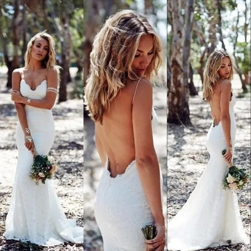 BOHO Backless Mermaid Wedding Dresses Sexy Spaghetti Straps Full Lace Sexy Wedding Dress Glamorous Low Back Sweep Train Bridal Dresses