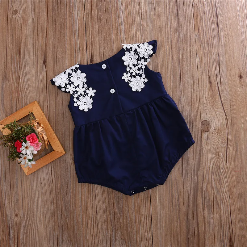 Newborn Baby Girl Clothes Navy Blue Romper Jumpsuit Sleeveless Lace Flower Sunsuit Playsuit Outfits Summer Kids Infant Toddler Girl Clothing