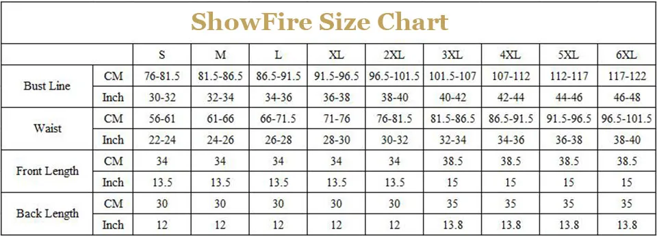 overbust corset size chart