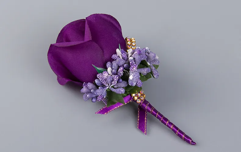 Flor Artificial Bouquets De Noiva Casamento Beads Dama de Honra Groomsman Corsage Lavanda Vermelho Rosa Roxo Branco Azul Champagne Flores