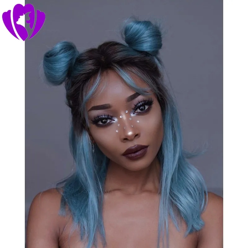 Side part Blue Lace Front Wig Glueless 16Inch Short Ombre Wig With Baby Hair Heat Resistant Synthetic Wigs For black Women