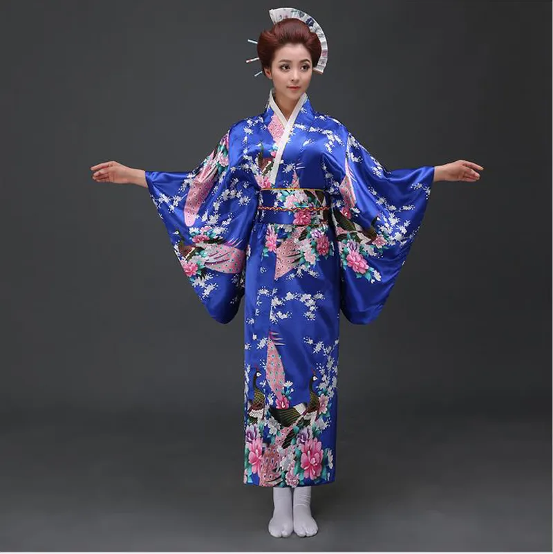 Kimono di seta delle donne nazionali giapponesi blu Yukata con abito da sera della novità di Obi Cosplay Costume di Halloween floreale taglia unica JK068