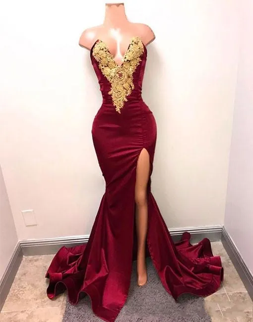 open lace back dress Burgundy Gold Applique Sweetheart Elastic Satin Prom Dress with High Slit main image 0