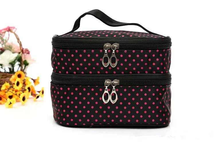 Borsa cosmetici a doppio strato Borsa trucco portatile Borsa il trucco da viaggio alla moda Piccoli puntini ragazza Bella borsa il trucco