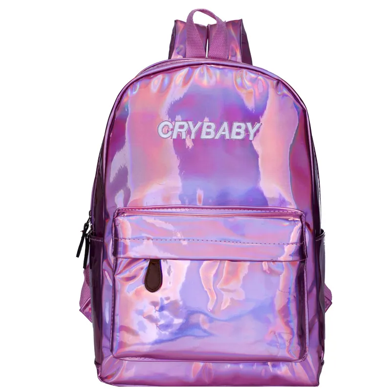 2018 New Girl pu Letter Crybaby Hologram Laser Backpack Bag Soft Large Capacity pensonal School Bag 