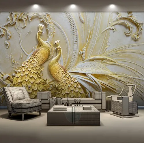 Papel tapiz mural personalizado para paredes 3D estereoscópica en relieve de oro del pavo real pintura de la pared sala de estar dormitorio decoración del hogar