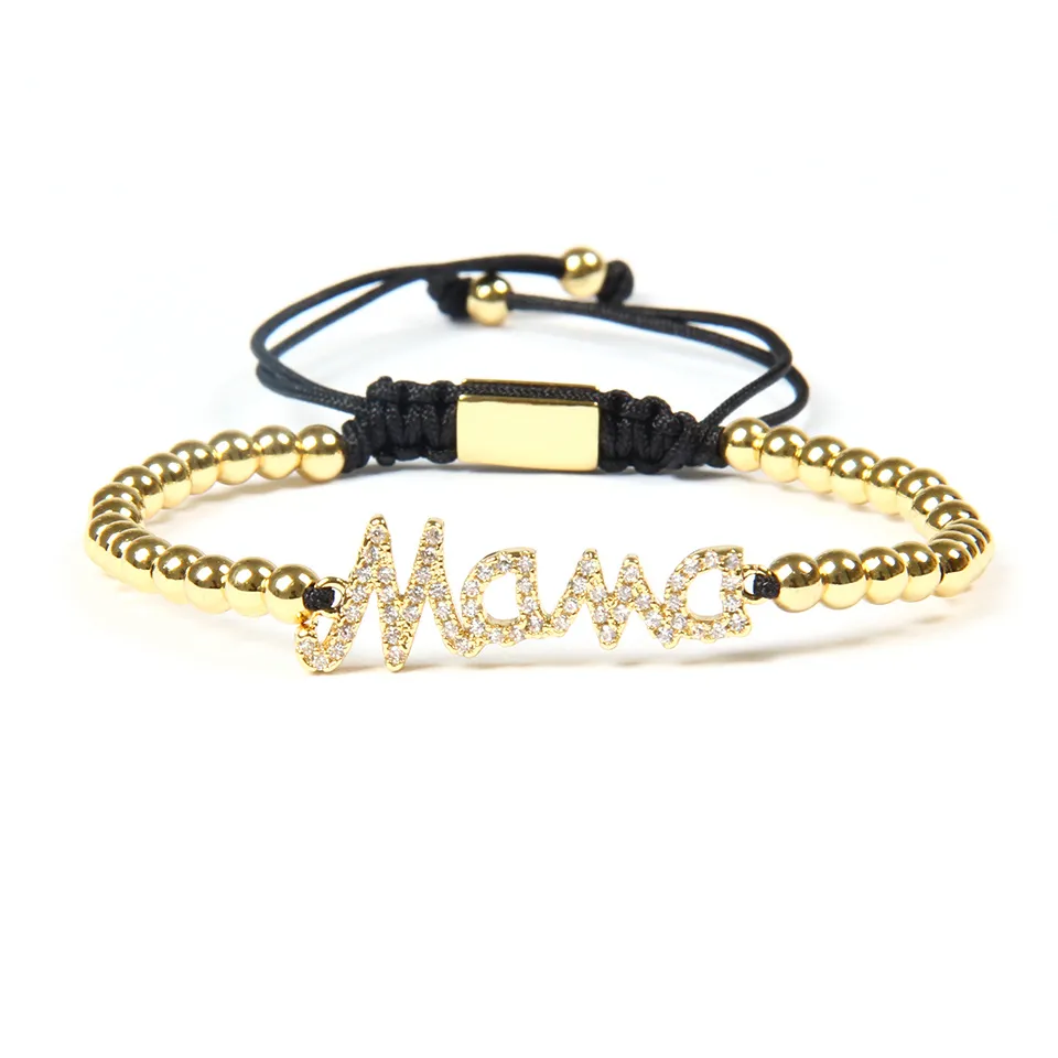 Bracelet de fête des mères de mode en gros 10pcs / lot perles de 4mm avec micro pavé clair Cz nouvelle mode "maman" bracelets porte-bonheur pour cadeau de dame