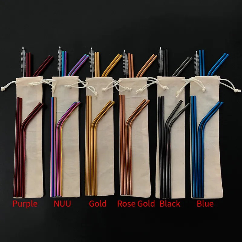6 Colors Free Combination!! Customized Bag Packing 4+1 Reusable Stainless Steel Drinking Straws Set Metal Straws Set with Cleaning Brush