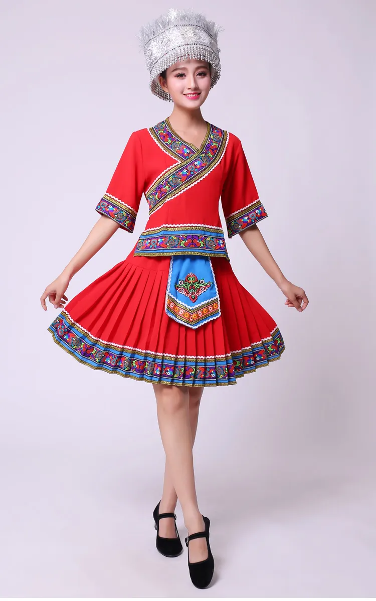 زي همونغ الصينية التقليدية أعلى + التنانير كشكش مجموعات الملابس مياو الرقص اللباس ملابس الرقص الشعبي الصيني المرأة المرحلة