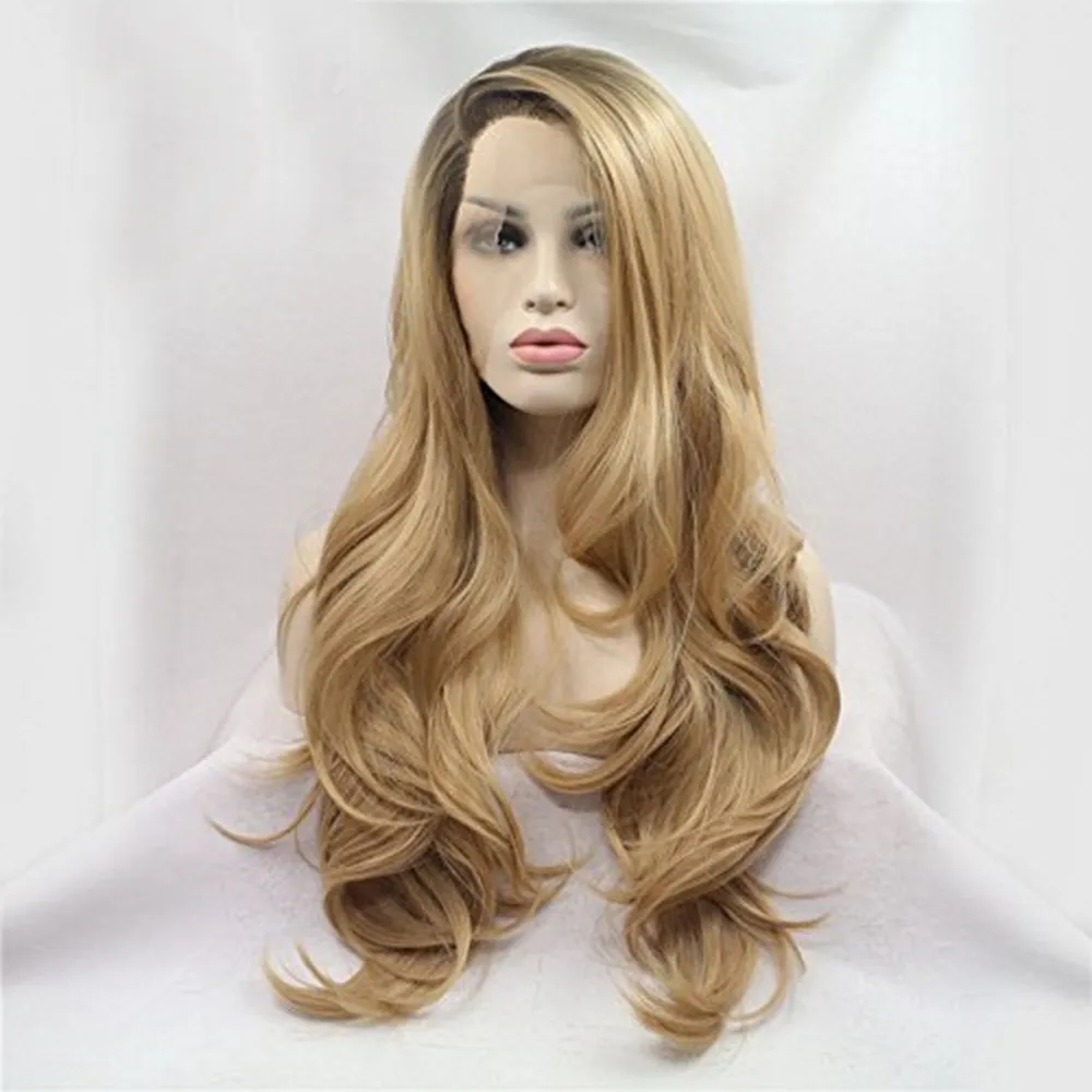 Fantasy Beauty Long Natural Wave Ombre Brown Blonde Synthetic Lace Front Wigs Side Part Heat Resistant Fiber Hair Wigs For Women