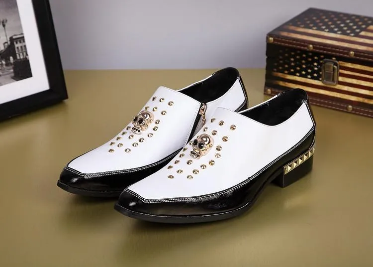 increased Height Black and white cow leather Man shoes rivets skulls Man's shoes Leather Summer Style Man Shoes big size 45/46