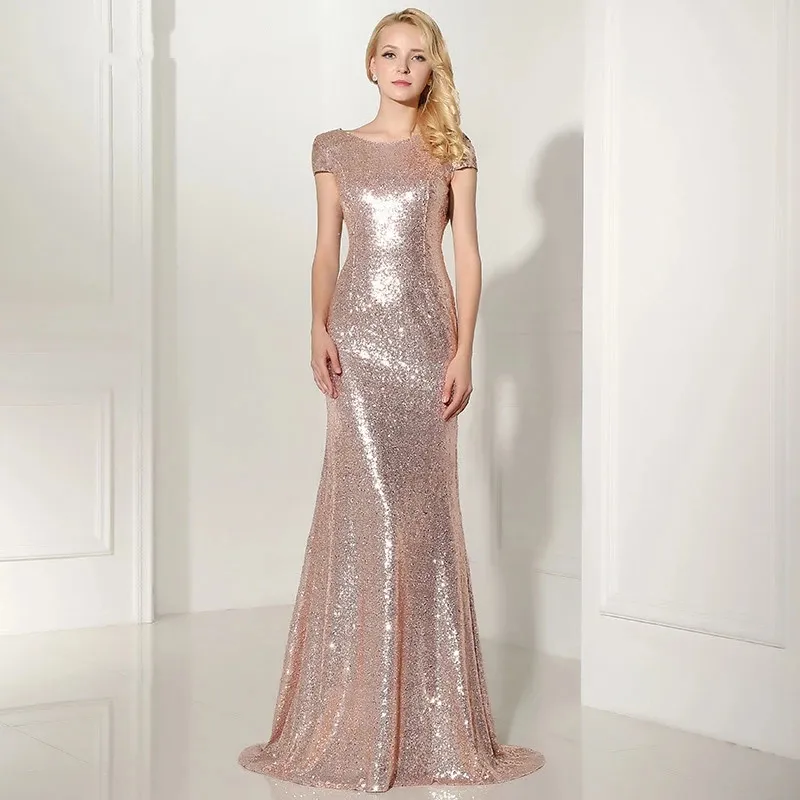 Sparkly Rose Gold 2024 인어 신부 들러리 드레스 짧은 슬리브 뒷모습 롱 비치 스팽글 웨딩 파티 드레스 샴페인 hy242