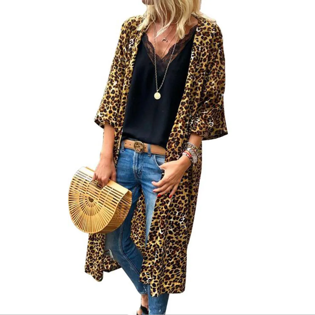 Autumn Leopard Print Loose Kimono Cardigan Boho Plus Size Long Coat Jacket Autumn Fashion Three Quarter Sleeve Women Outwear