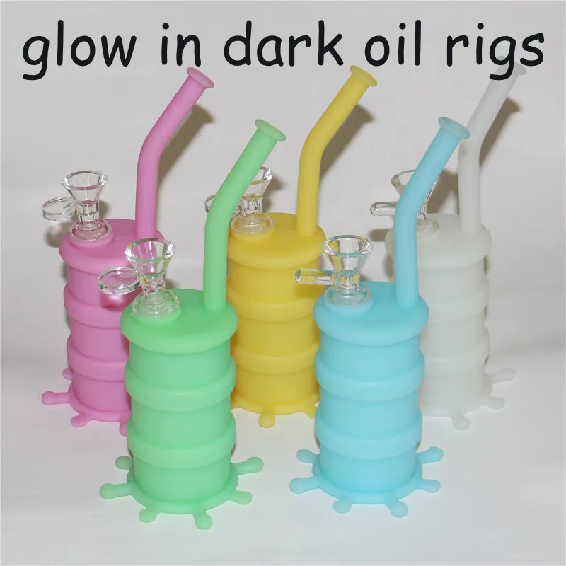Nuovo arrivo Mini silicone dab rig Glow In Dark Silicone Water Pipe bong in vetro tubo dell'acqua in silicone barrel rig