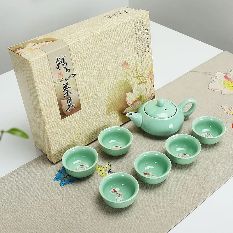 China Kung Fu Tea Set 7 PCS Celadon Fish Tea Coffee Cup Chinese Tea Set Business Corporate Gift Gift Ceramic with Gift Box