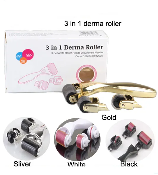 3 i 1 Derma Roller Kit med 3 separata rullhuvud med nåltal 180c / 600c / 1200c Vit / svart / guld / silver Titanium dermaroller