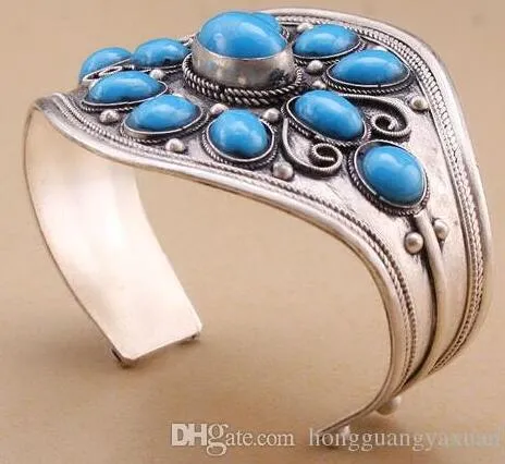 Turquoise manchet armband Tibet zilver gesneden bloem vrouw mode