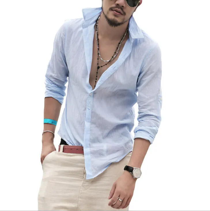 Männer Casual Shirts Frühling Sommer Leinen Baumwolle Mischung Freizeit Straße Strand Hemd Lange Ärmeln Tops259M