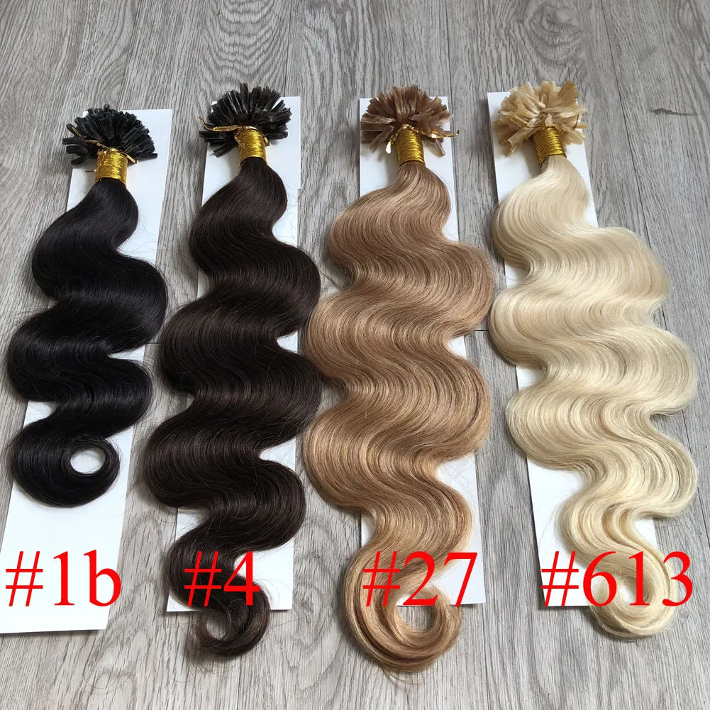 100g / Pack U Nail Tips Förbundna Fusion Hair Extensions Body Wave 100Strands / Pack Keratin Stick Brasilianska Human Hair # 1b Black # 8 Brown # 613