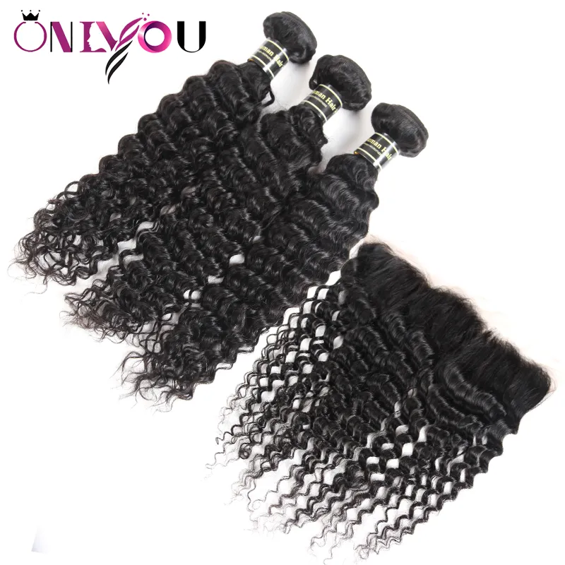 Mink Brazilian Deep Wave Virgin Hair Hair Bundles مع إغلاق 3 حزم مجعد عميق مع حزم الأمامية الدانتيل EX6498596