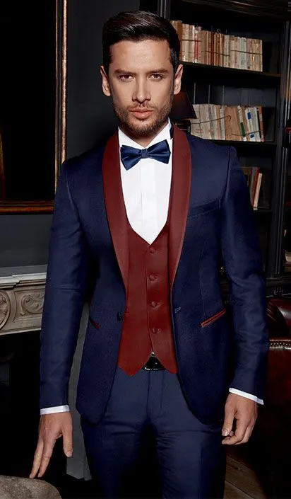 2022 Handsome Navy Blue One Button Shawl Lape Wedding Groom Tuxedos Men Suits Wedding/Prom/Dinner Man Blazer(Jacket+Tie+Vest+Pants) 03
