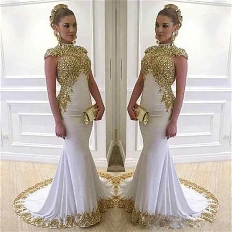 Vestidos Arabic Mermaid Evening Dresses 2018 Dubai High Neck Cap Sleeves Gold Lace Appliques Beads Plus Size Formal Party Dress Prom Gowns