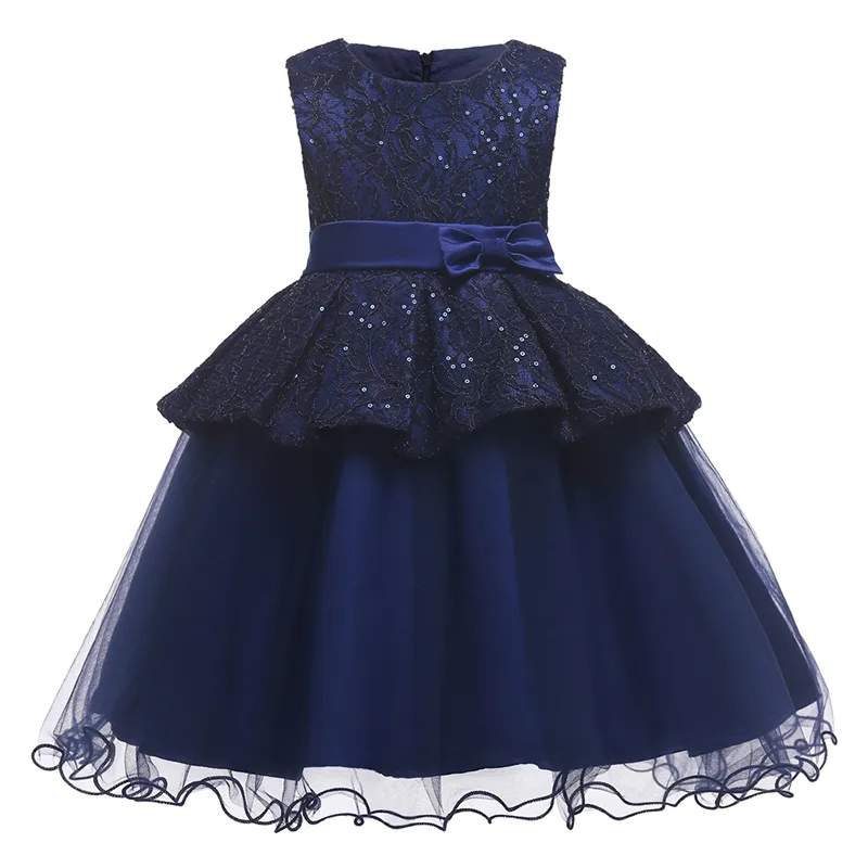 Meisjes knie lengte formele jurken prinses bruiloft mouwloze marineblauw baby meisje tutu ball jurk jurk 180526019571367