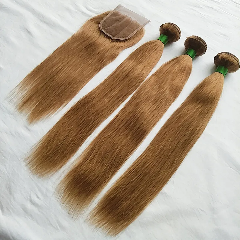 Kleur 30 # Peruviaans recht haar 3 bundels met sluiting Nieuwe aankomst Peruaanse Honey Blonde Remy Menselijk Haar Weave Bundels met Kantsluiting