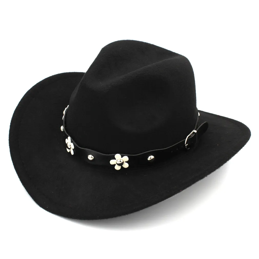 Новая мода Мужчины Женщина полушерстяной Western Cowboy Cap Церковь Hat Широкого Брим Сомбреро Godfather Cap Hat Джаз Кожаный ремешок с цветком