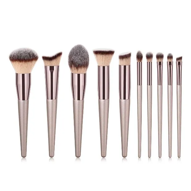 Champaign guldfärg make up penslar set 10st borste verktyg trähandtag kosmetik borstar för ögonskugga lös pulver blush BR013