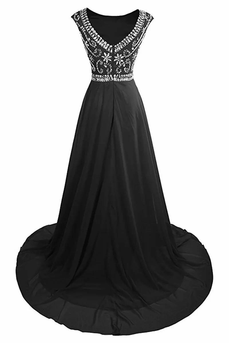 2018 vestido longo para formatura varm försäljning svart chiffong långa kväll klänningar rhinestones backless klänningar för prom