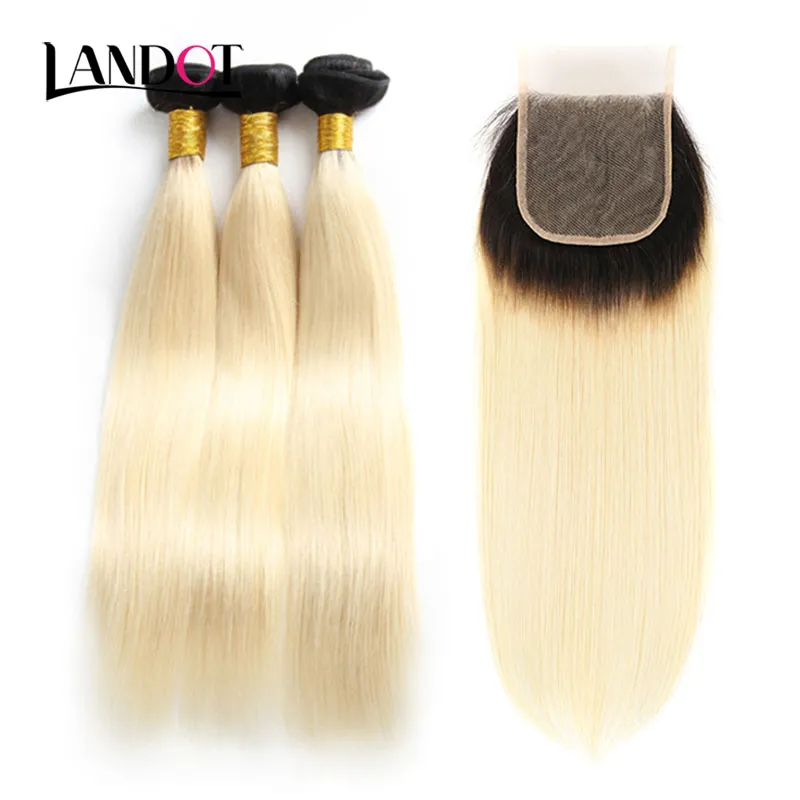 9a Ombre 1B / 613 # Bleach Blondynki Brazylijski Peruwiański Malezyjski Indian Virgin Human Hair Weave Proste 4 wiązki z zamkniętymi koronkami