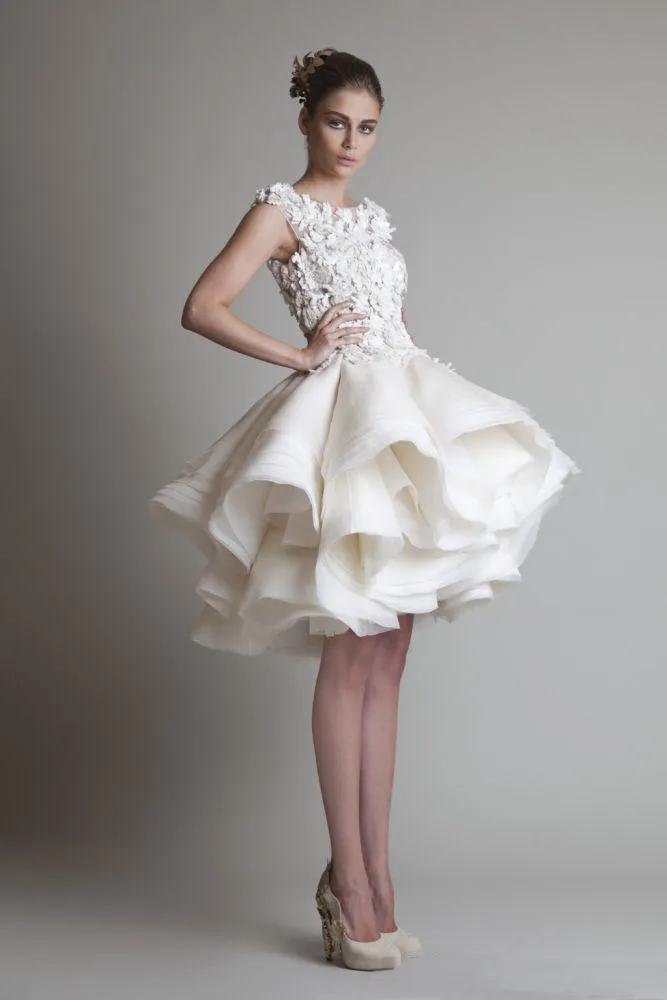 Krikor Jabotian Short Lace Wedding Dresses Bateau Cap Sleeves Backless Knee Length A-line Chiffon Beach Bridal Gowns