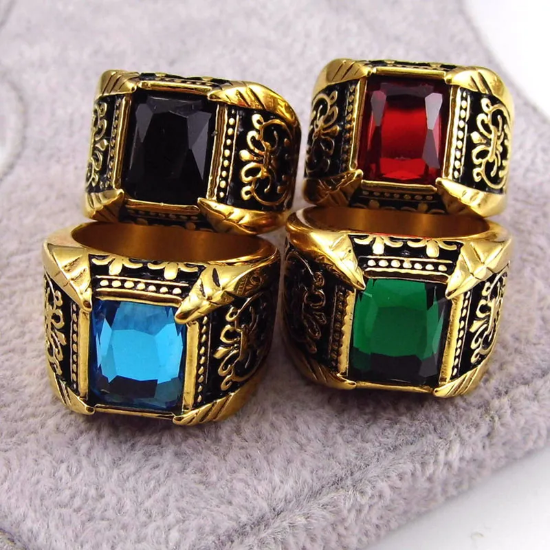 Hip hop Stainless Steel Vintage Antique Gem Finger Rings For Men Big Bling Iced Out Square Stone Finger Ring Male Men Jewelry