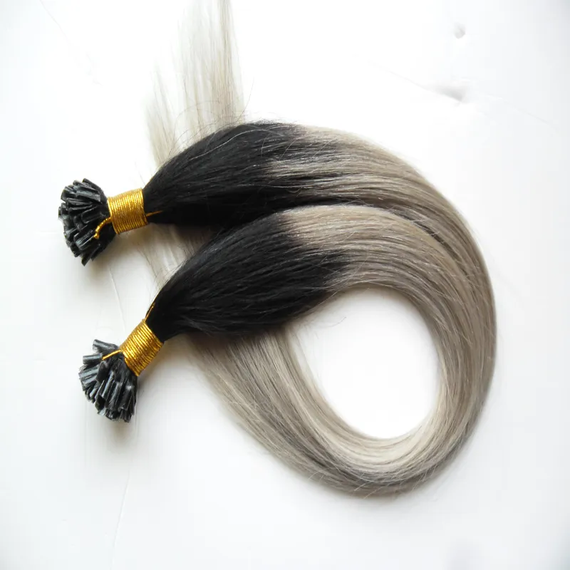 T1BGREY GREA OMBRE HUMAN HAIR NAIL Uチップカプセルヒトヘアエクステンション100GSTRANDSシルバープレボンドヘアエクステンション5825682